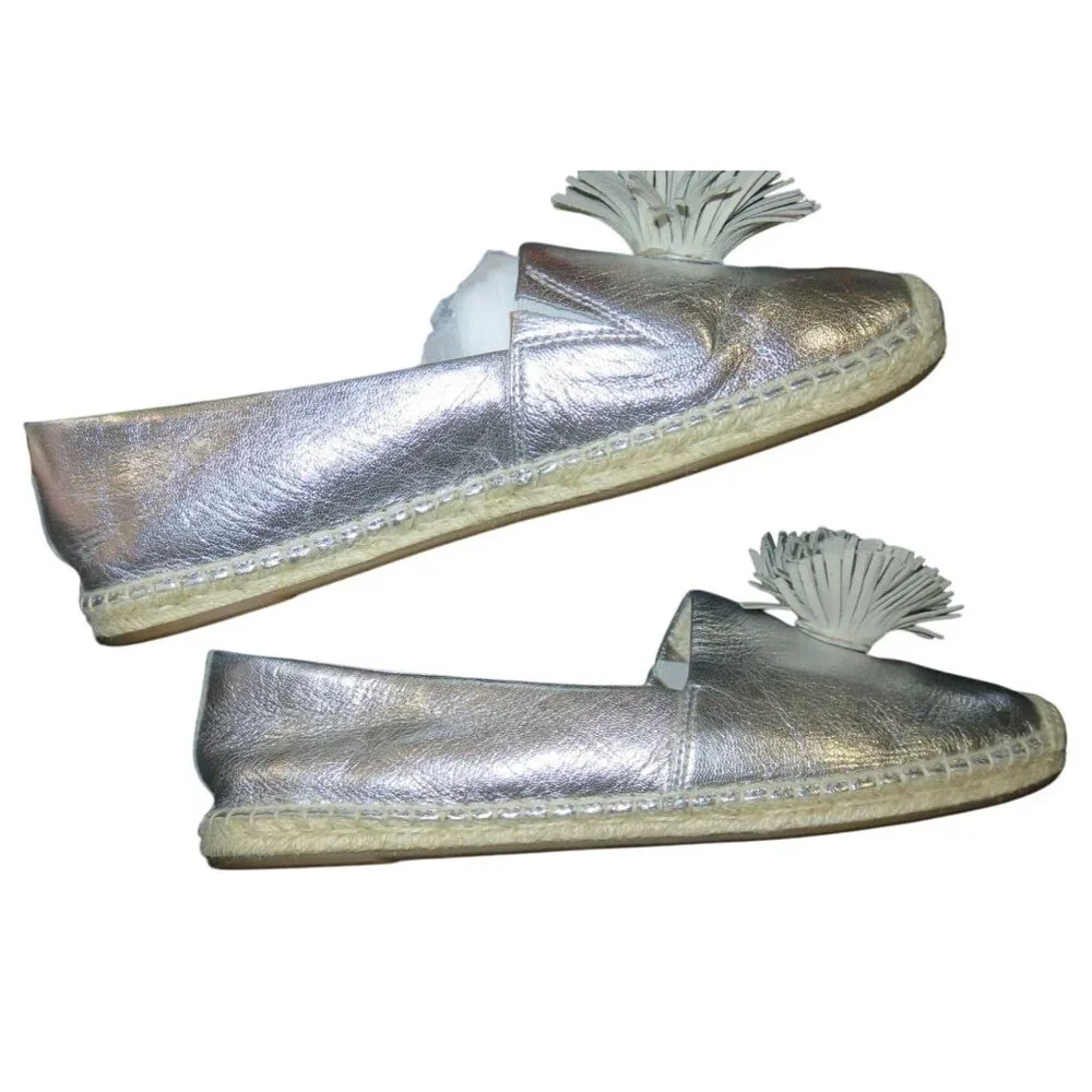 Michael Kors Lolita Silver Metallic Leather Pom Pom Espadrilles size 9.5 Slip On